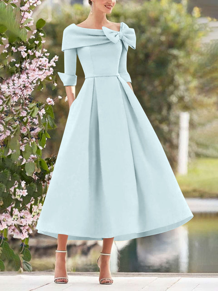 A-Line/Princess Cowl Neck Bow(s) 3/4 Sleeves Tea Length Elegant Mother of the Bride  & Groom Dresses