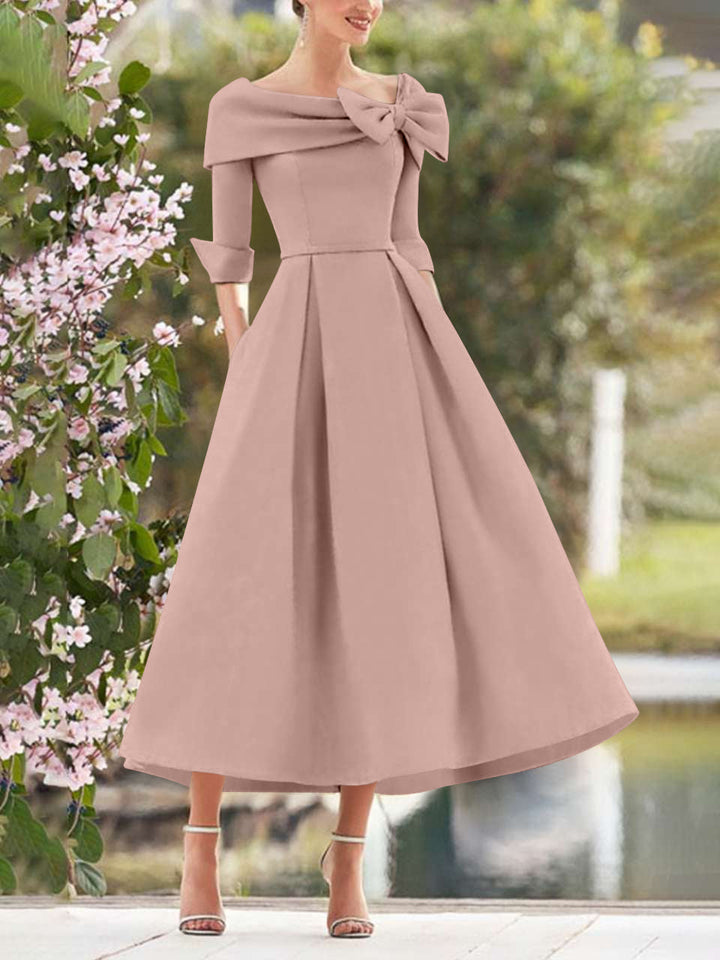 A-Line/Princess Cowl Neck Bow(s) 3/4 Sleeves Tea Length Elegant Mother of the Bride  & Groom Dresses
