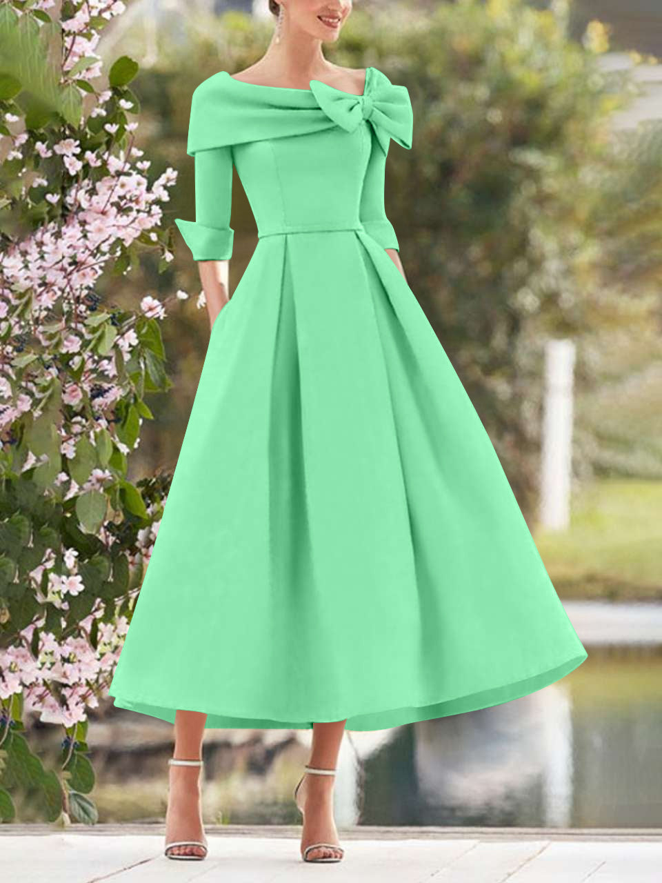A-Line/Princess Cowl Neck Bow(s) 3/4 Sleeves Tea Length Elegant Mother of the Bride  & Groom Dresses