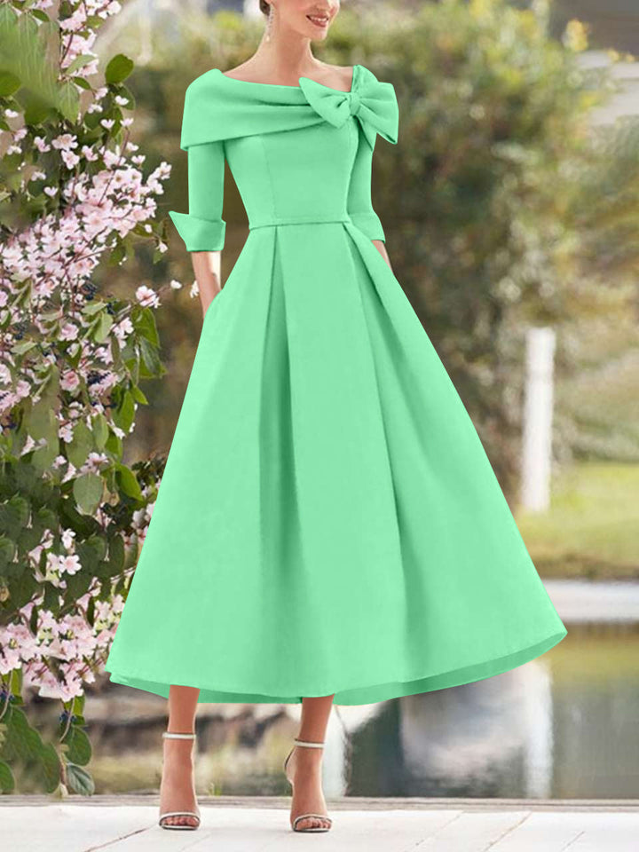 A-Line/Princess Cowl Neck Bow(s) 3/4 Sleeves Tea Length Elegant Mother of the Bride  & Groom Dresses