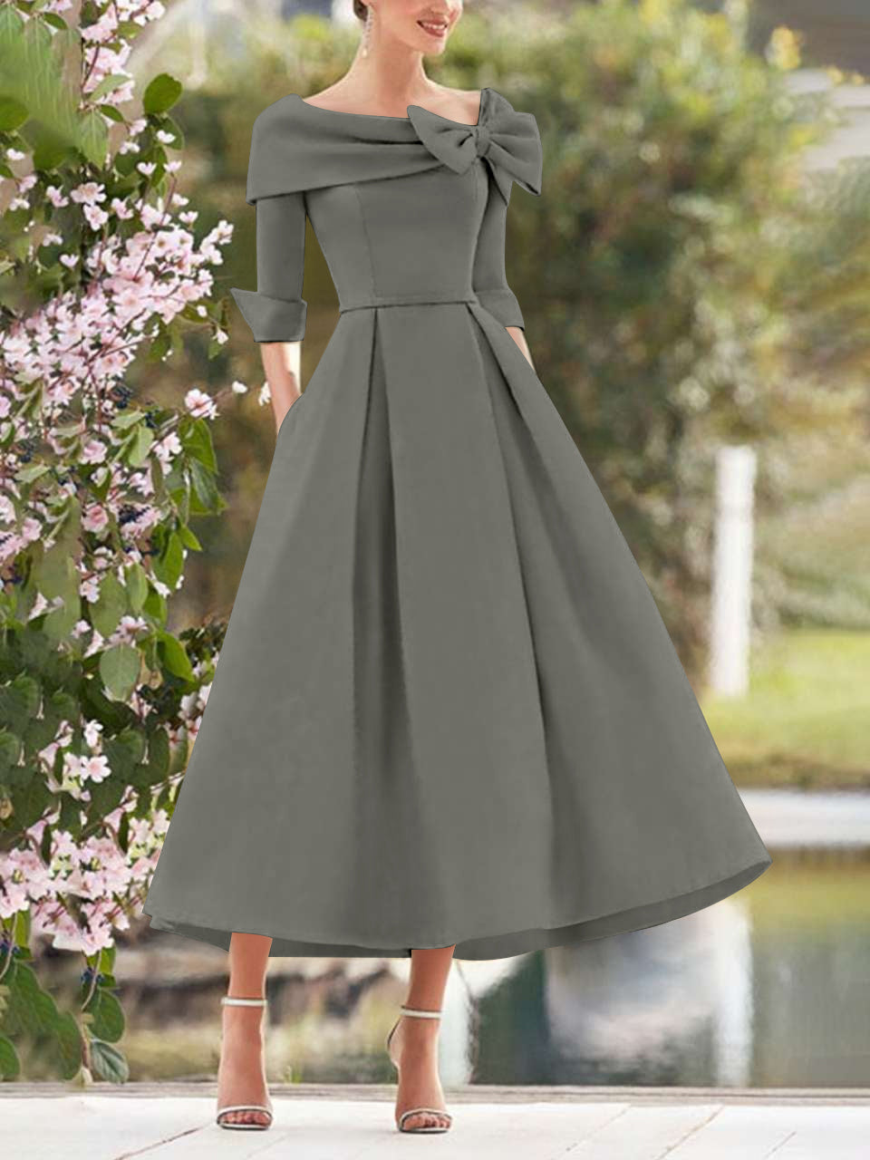 A-Line/Princess Cowl Neck Bow(s) 3/4 Sleeves Tea Length Elegant Mother of the Bride  & Groom Dresses