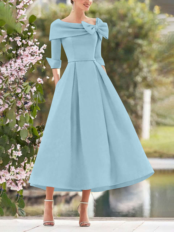 A-Line/Princess Cowl Neck Bow(s) 3/4 Sleeves Tea Length Elegant Mother of the Bride  & Groom Dresses