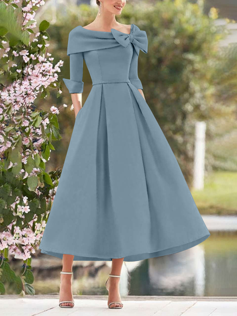 A-Line/Princess Cowl Neck Bow(s) 3/4 Sleeves Tea Length Elegant Mother of the Bride  & Groom Dresses