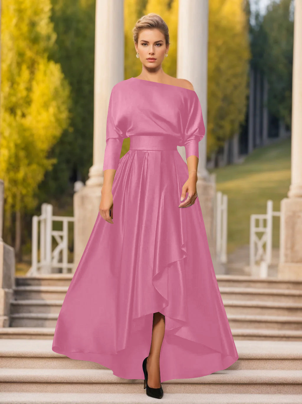 A-Line/Princess One-Shoulder 3/4 Sleeves Asymmetrical Mother of the Bride  & Groom Dresses