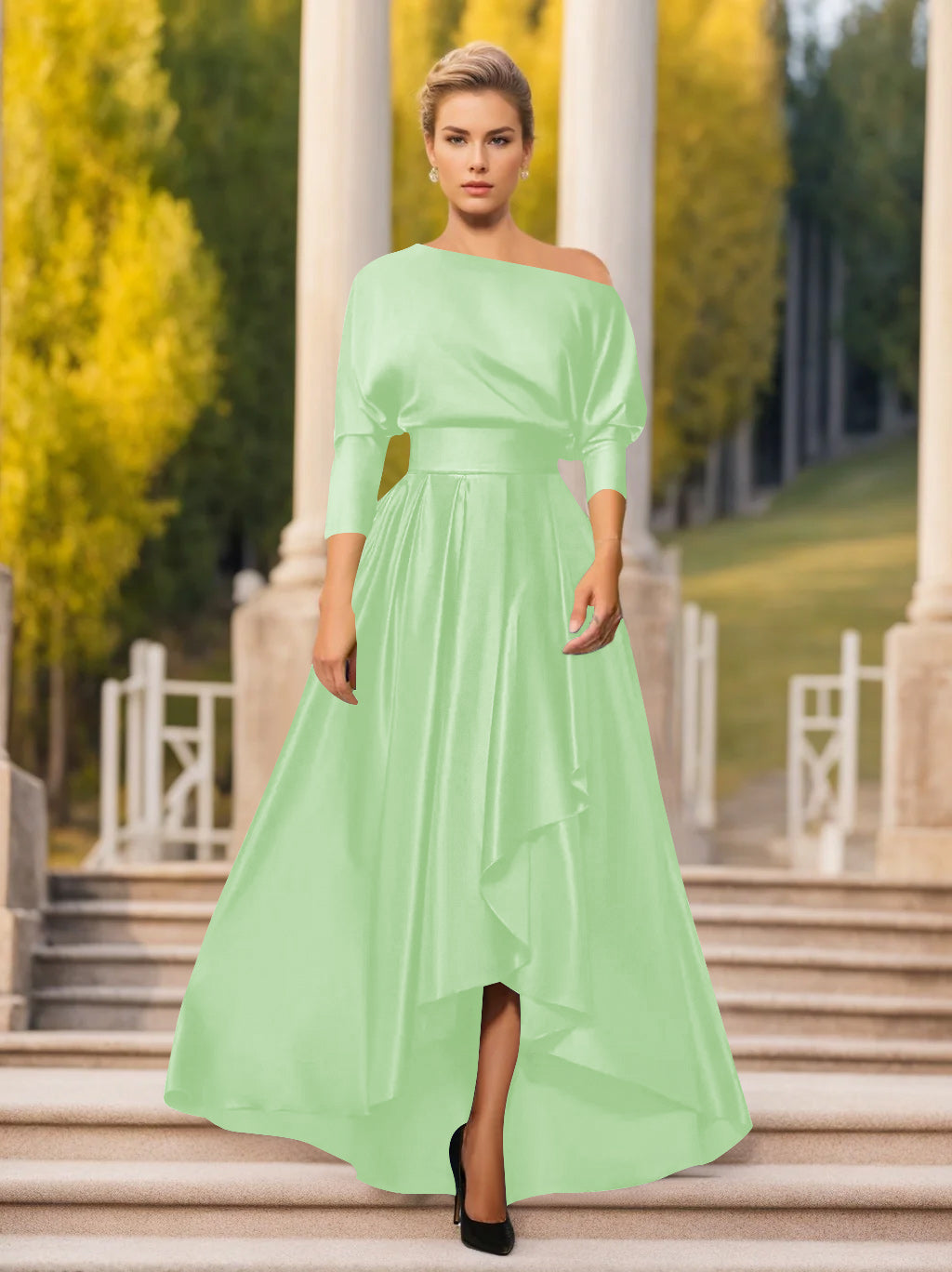 A-Line/Princess One-Shoulder 3/4 Sleeves Asymmetrical Mother of the Bride  & Groom Dresses