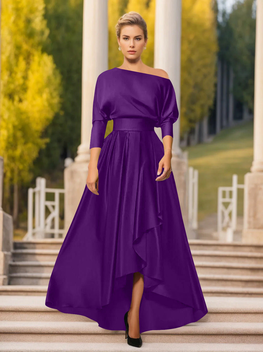 A-Line/Princess One-Shoulder 3/4 Sleeves Asymmetrical Mother of the Bride  & Groom Dresses