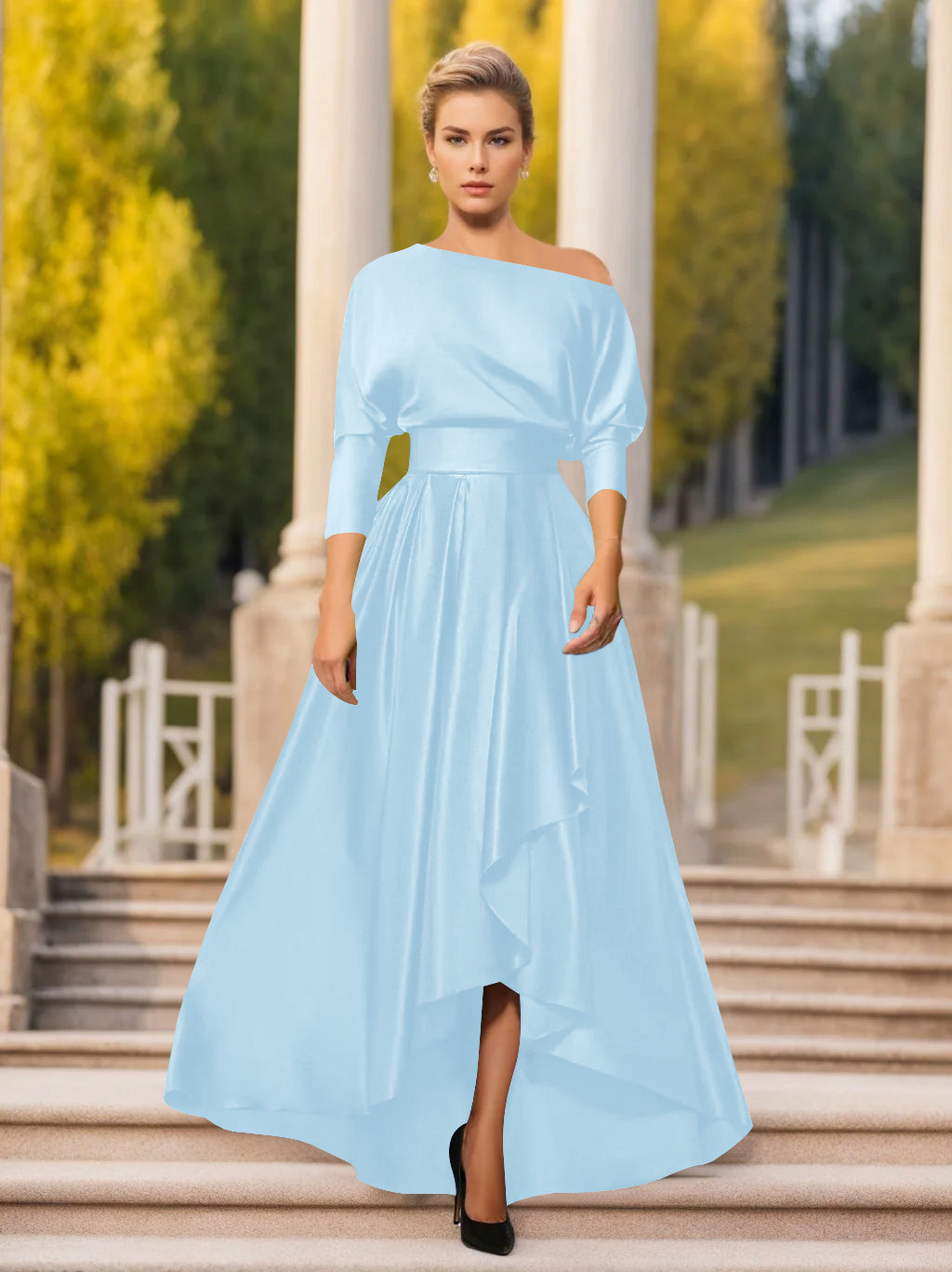 A-Line/Princess One-Shoulder 3/4 Sleeves Asymmetrical Mother of the Bride  & Groom Dresses