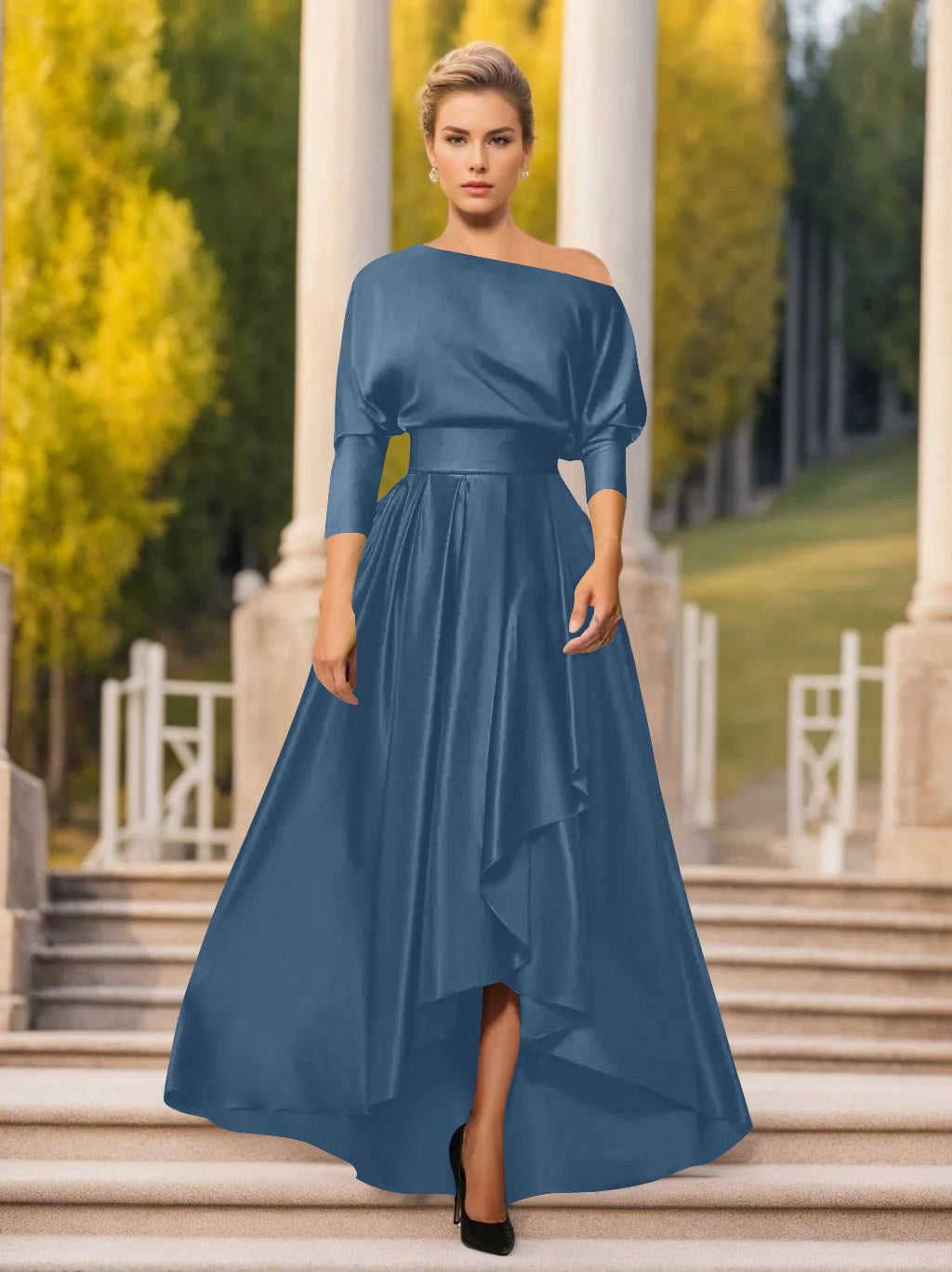 A-Line/Princess One-Shoulder 3/4 Sleeves Asymmetrical Mother of the Bride  & Groom Dresses