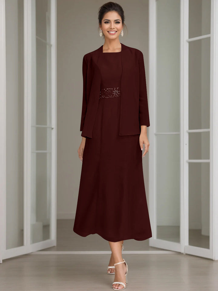 Sheath/Column Jewel Neck Tea Length Mother of the Bride Dresses with Jacket & Beading