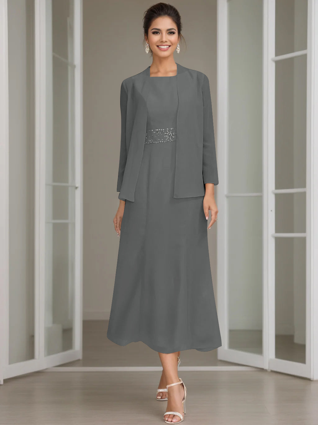 Sheath/Column Jewel Neck Tea Length Mother of the Bride Dresses with Jacket & Beading