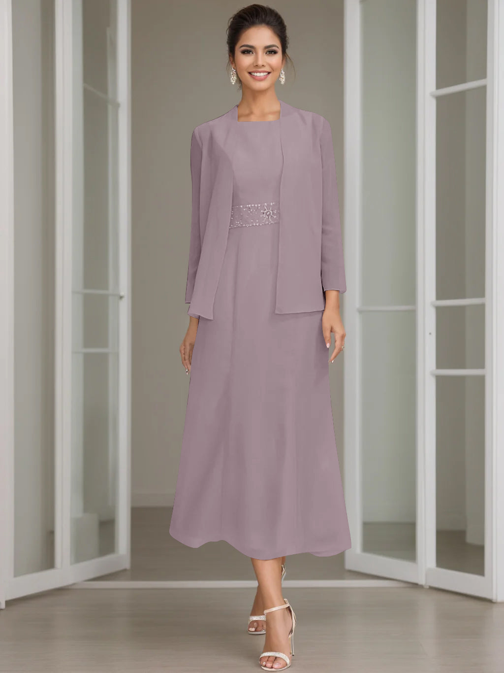 Sheath/Column Jewel Neck Tea Length Mother of the Bride Dresses with Jacket & Beading