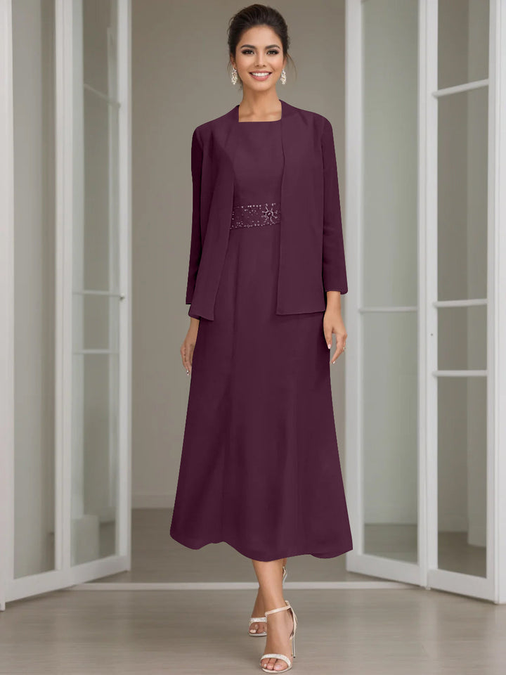Sheath/Column Jewel Neck Tea Length Mother of the Bride Dresses with Jacket & Beading