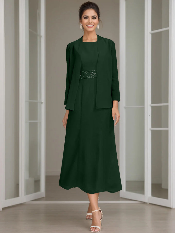 Sheath/Column Jewel Neck Tea Length Mother of the Bride Dresses with Jacket & Beading