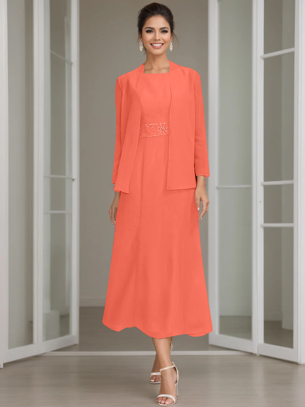 Sheath/Column Jewel Neck Tea Length Mother of the Bride Dresses with Jacket & Beading