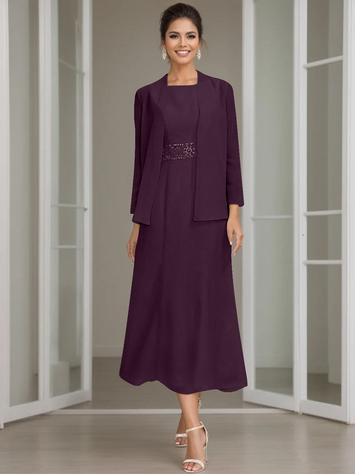 Sheath/Column Jewel Neck Tea Length Mother of the Bride Dresses with Jacket & Beading