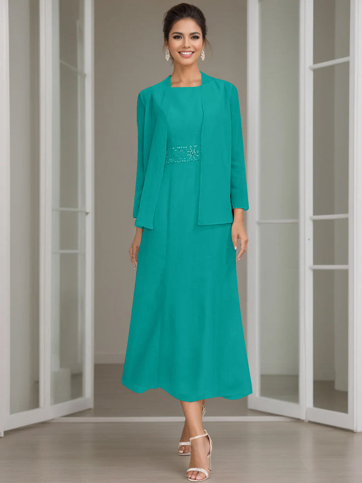 Sheath/Column Jewel Neck Tea Length Mother of the Bride Dresses with Jacket & Beading