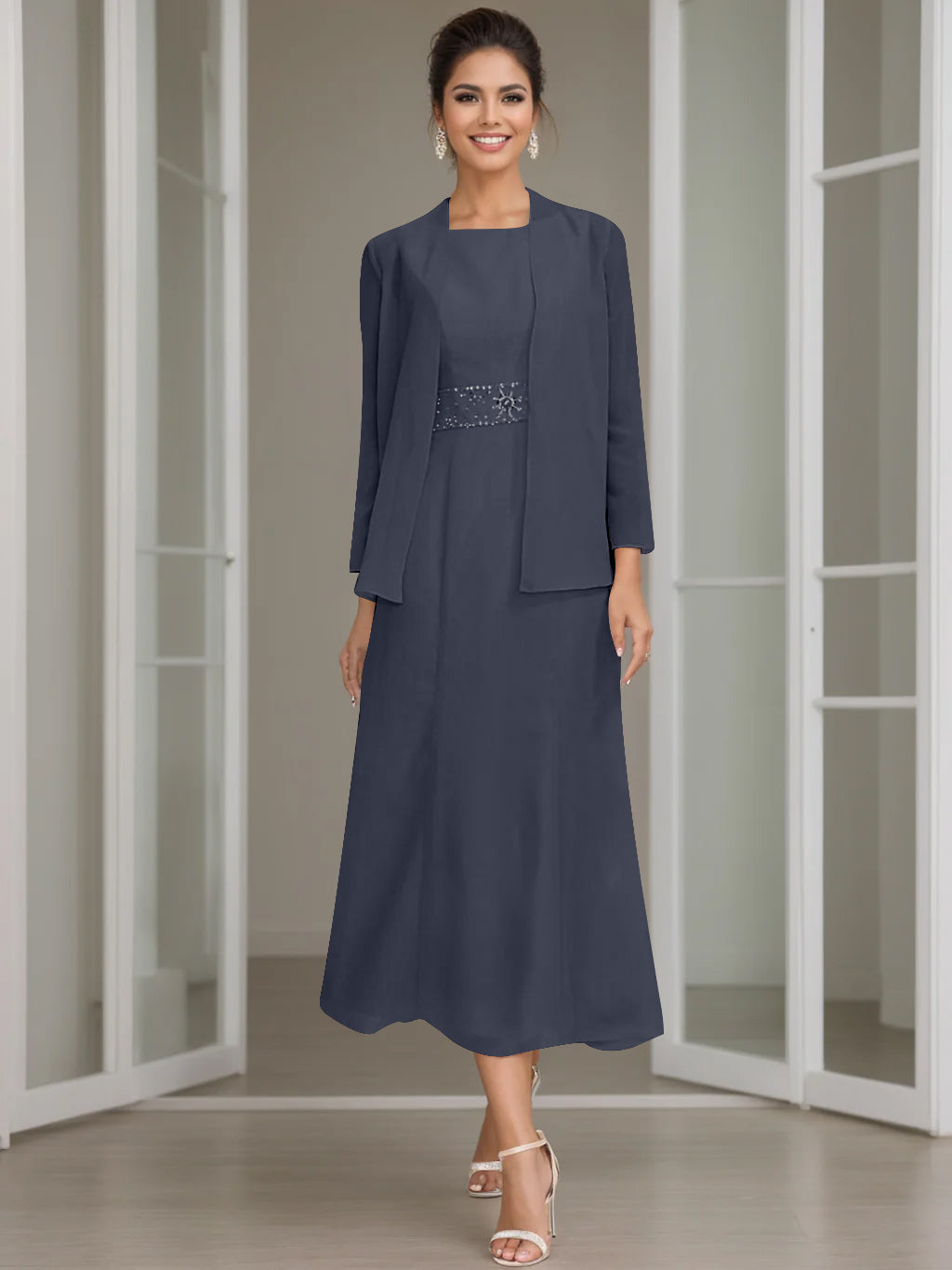 Sheath/Column Jewel Neck Tea Length Mother of the Bride Dresses with Jacket & Beading