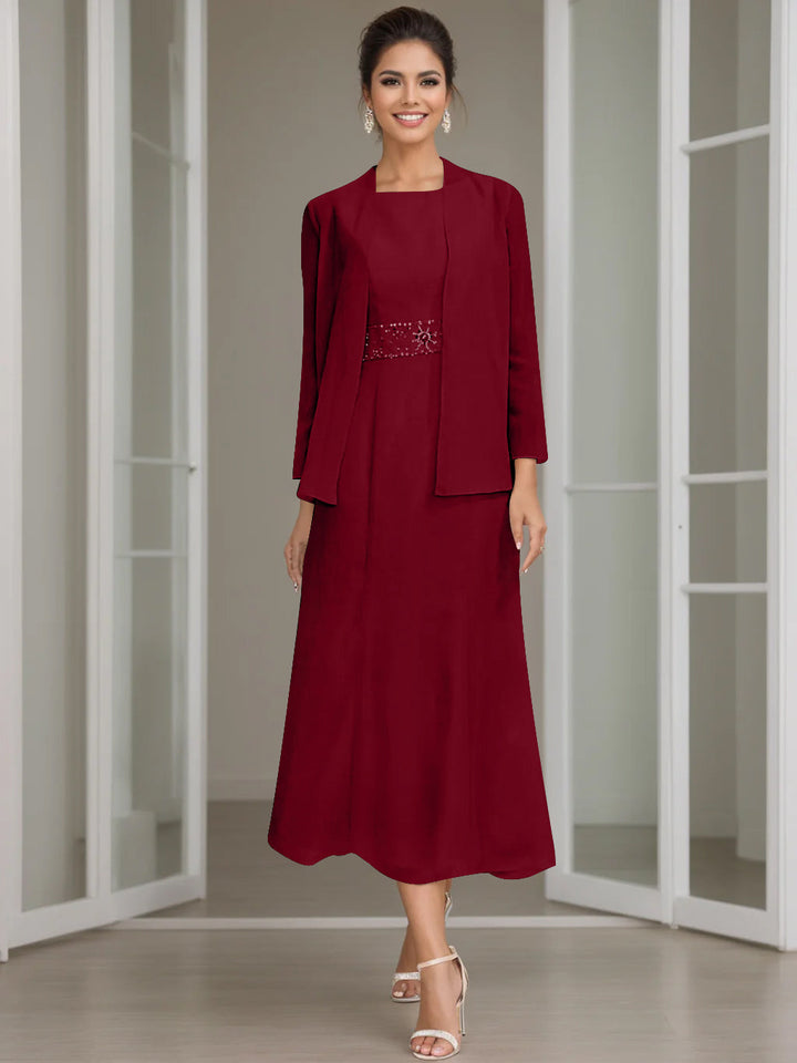 Sheath/Column Jewel Neck Tea Length Mother of the Bride Dresses with Jacket & Beading