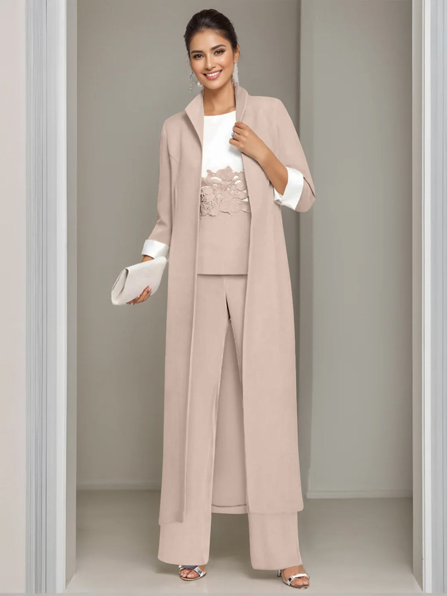 3 Pieces Square-Neck Ankle Length Mother of the Bride Pantsuits with Jacket & Appliques Lace