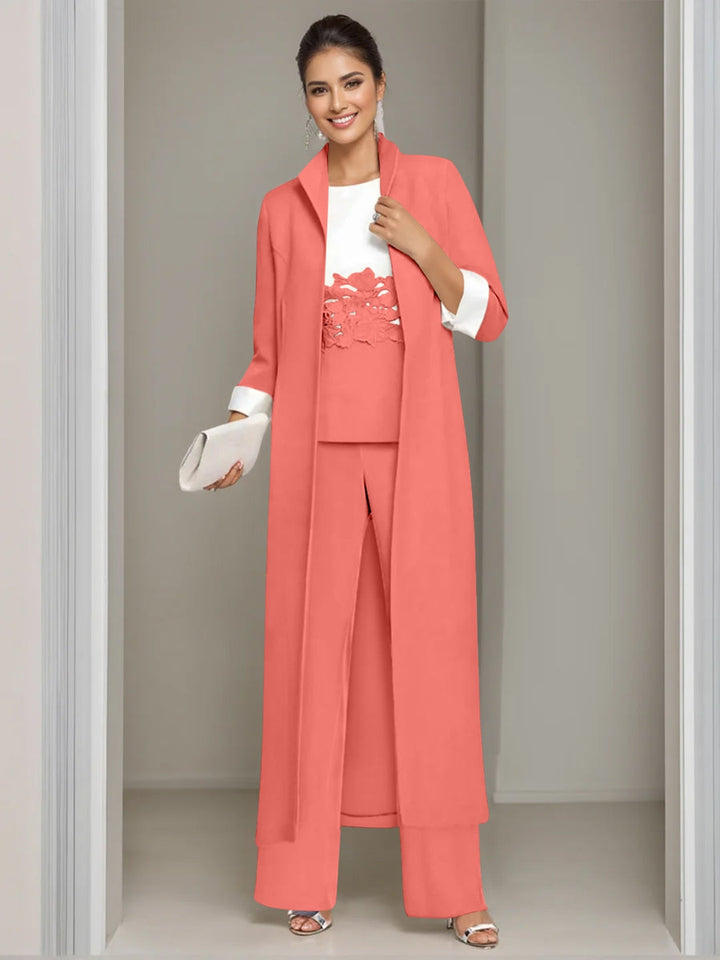 3 Pieces Square-Neck Ankle Length Mother of the Bride Pantsuits with Jacket & Appliques Lace