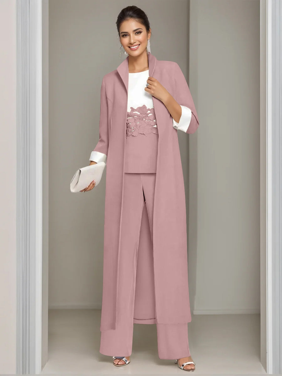 3 Pieces Square-Neck Ankle Length Mother of the Bride Pantsuits with Jacket & Appliques Lace