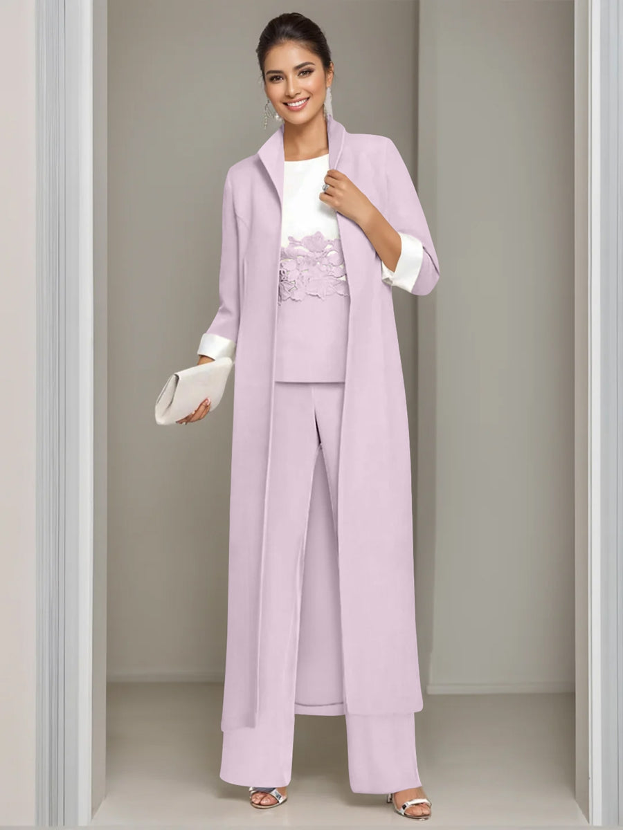 3 Pieces Square-Neck Ankle Length Mother of the Bride Pantsuits with Jacket & Appliques Lace