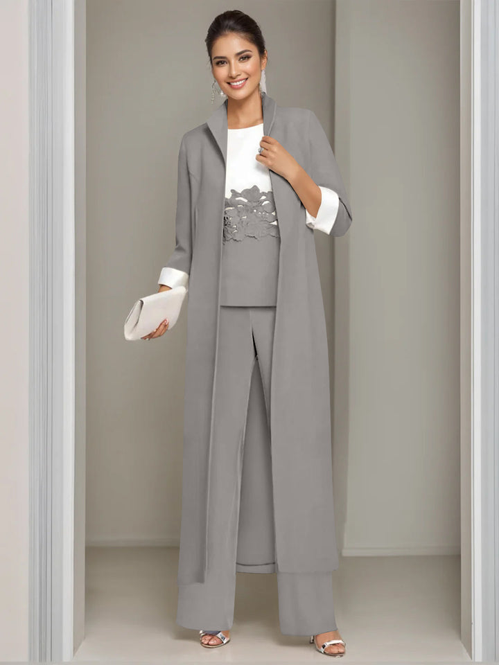 3 Pieces Square-Neck Ankle Length Mother of the Bride Pantsuits with Jacket & Appliques Lace