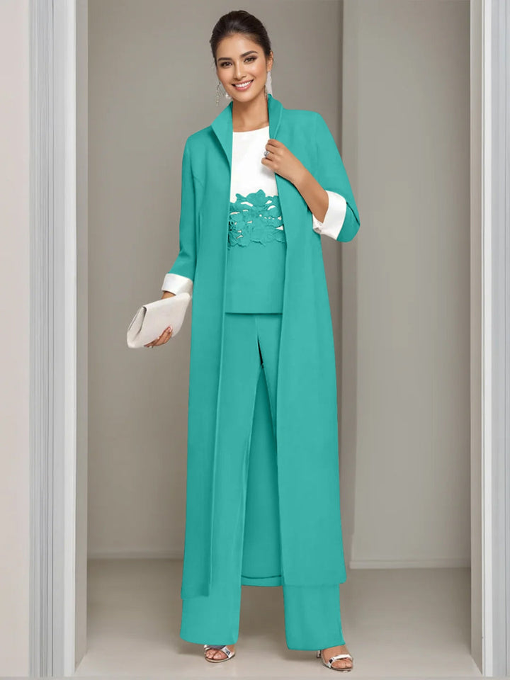 3 Pieces Square-Neck Ankle Length Mother of the Bride Pantsuits with Jacket & Appliques Lace