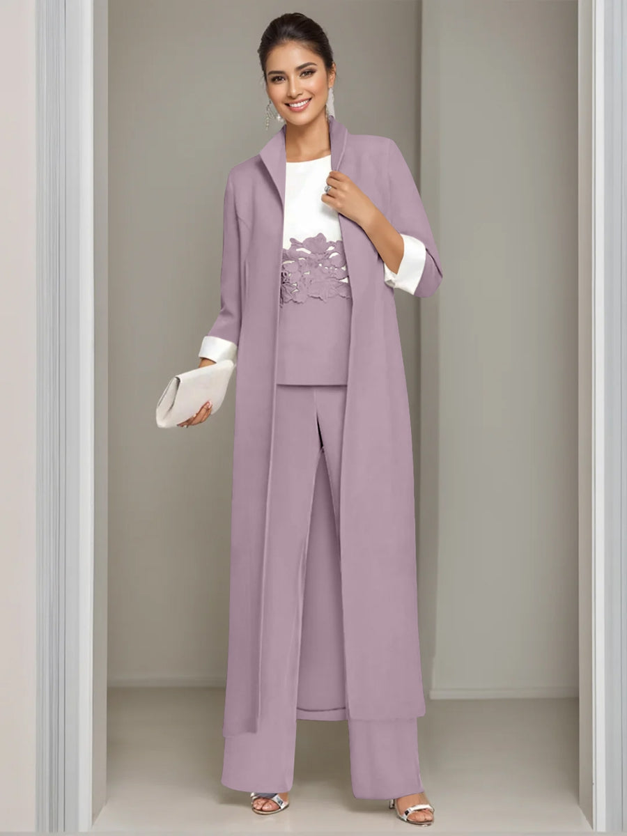 3 Pieces Square-Neck Ankle Length Mother of the Bride Pantsuits with Jacket & Appliques Lace