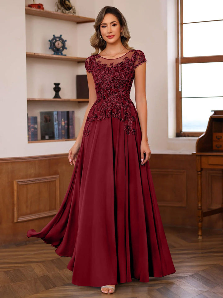 A-Line/Princess Scoop Neck Short Sleeves Floor-Length Mother of the Bride Dresses with Appliques