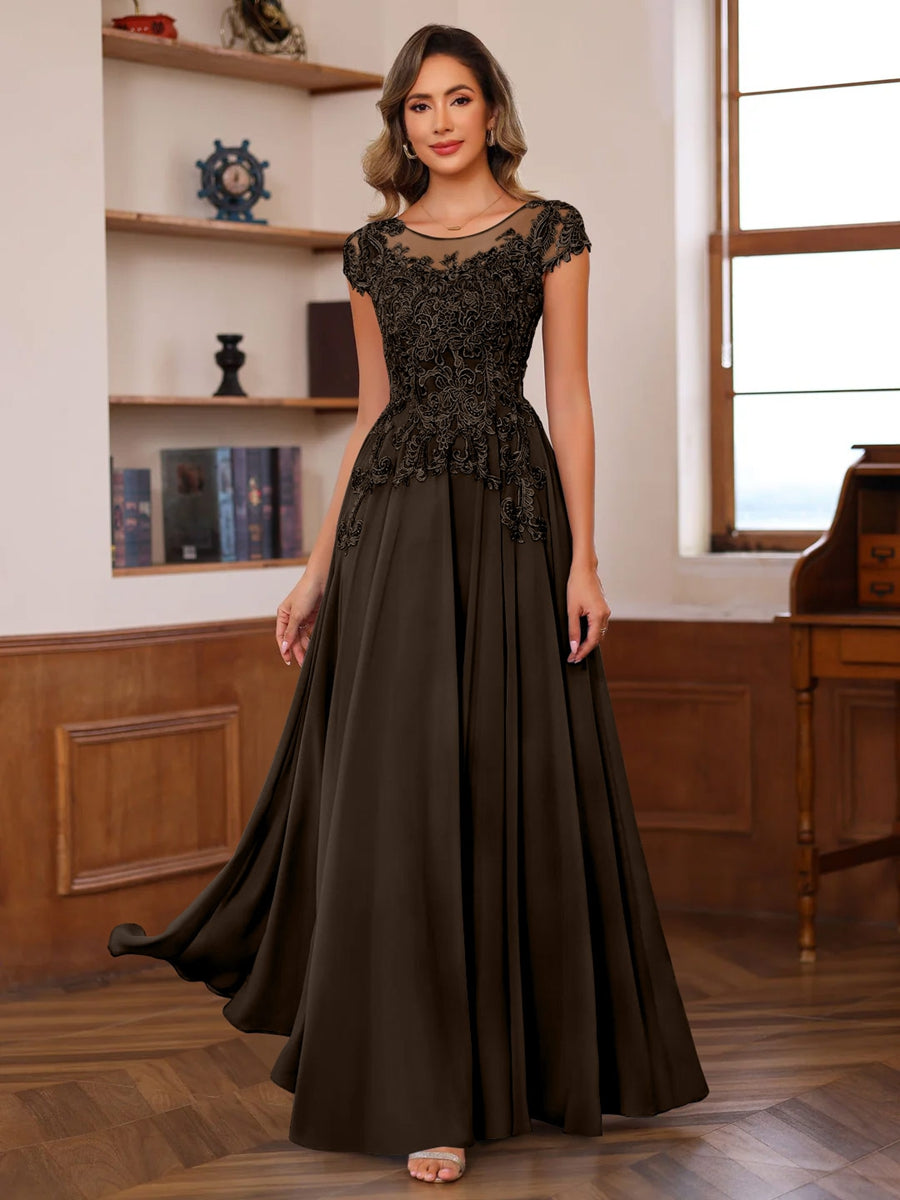 A-Line/Princess Scoop Neck Short Sleeves Floor-Length Mother of the Bride Dresses with Appliques
