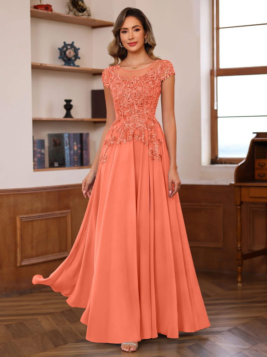 A-Line/Princess Scoop Neck Short Sleeves Floor-Length Mother of the Bride Dresses with Appliques
