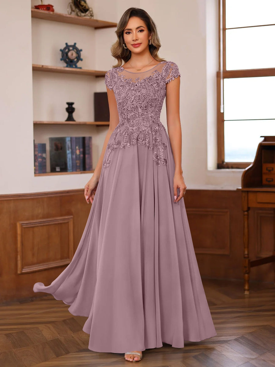 A-Line/Princess Scoop Neck Short Sleeves Floor-Length Mother of the Bride Dresses with Appliques