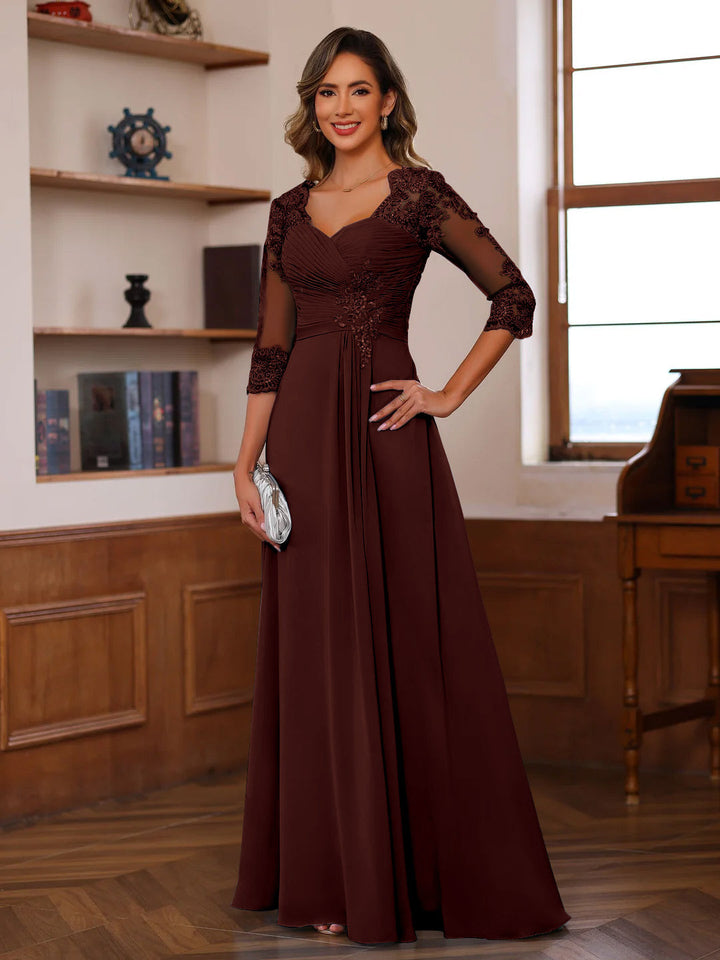 A-Line/Princess Sweetheart Neck 3/4 Length Sleeves Floor-Length Mother Of The Bride Dresses With Lace, Ruffles & Appliques