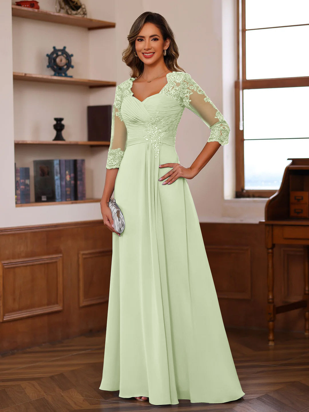A-Line/Princess Sweetheart Neck 3/4 Length Sleeves Floor-Length Mother Of The Bride Dresses With Lace, Ruffles & Appliques