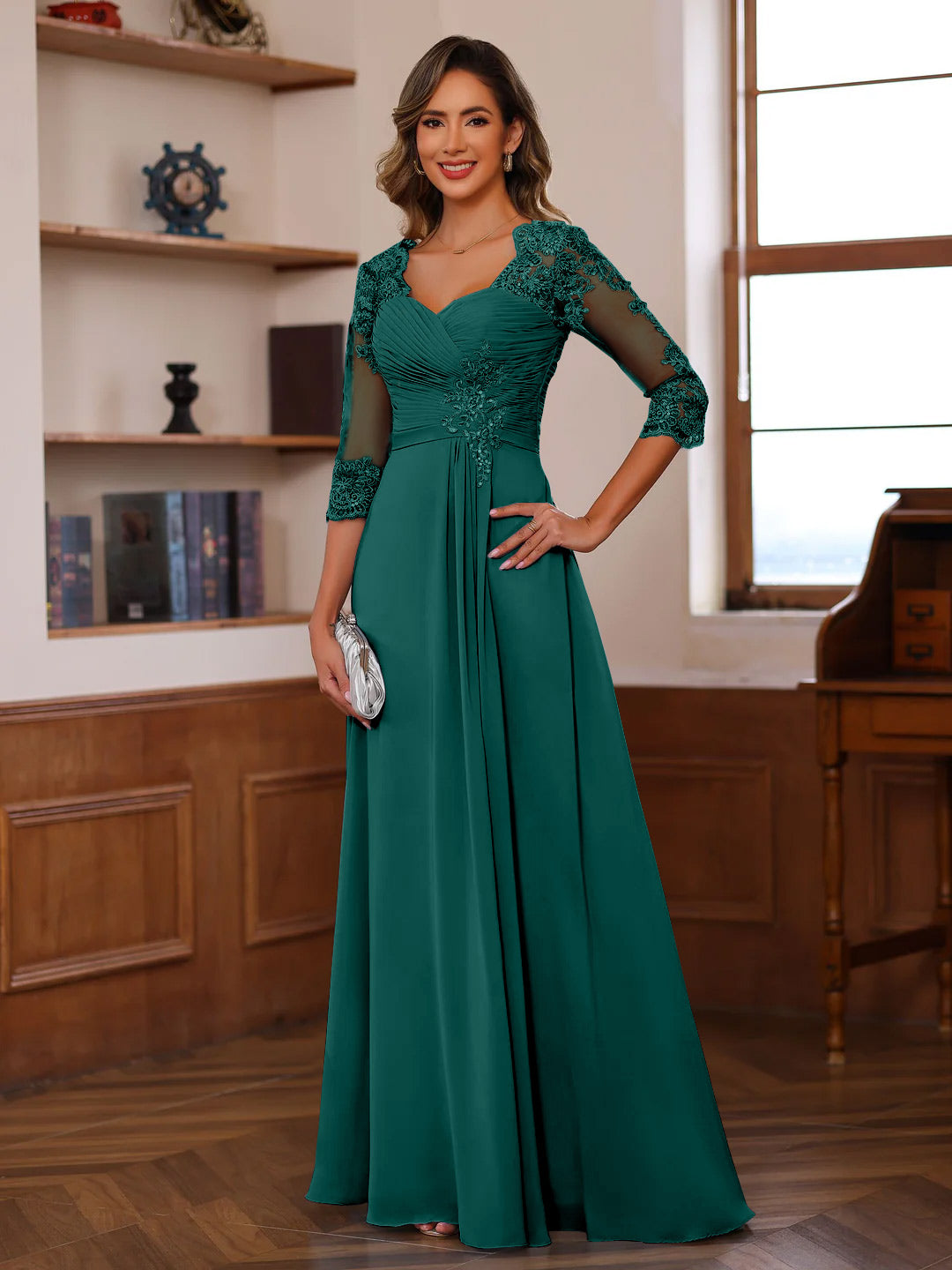 A-Line/Princess Sweetheart Neck 3/4 Length Sleeves Floor-Length Mother Of The Bride Dresses With Lace, Ruffles & Appliques