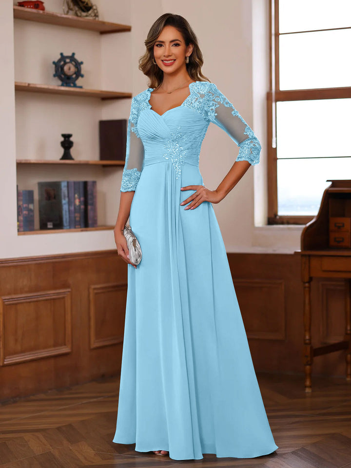 A-Line/Princess Sweetheart Neck 3/4 Length Sleeves Floor-Length Mother Of The Bride Dresses With Lace, Ruffles & Appliques