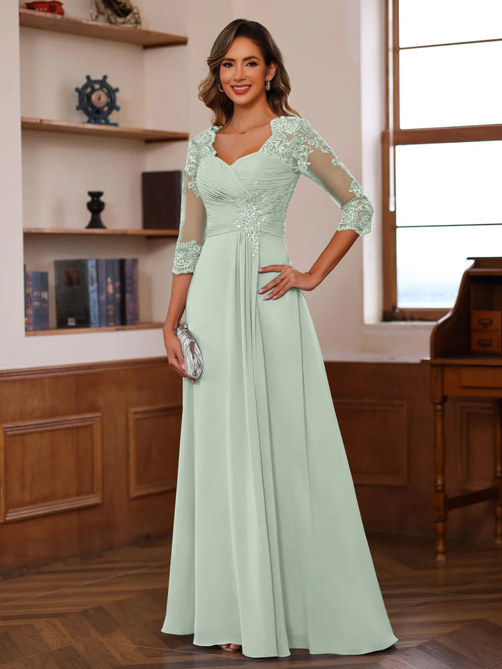 A-Line/Princess Sweetheart Neck 3/4 Length Sleeves Floor-Length Mother Of The Bride Dresses With Lace, Ruffles & Appliques