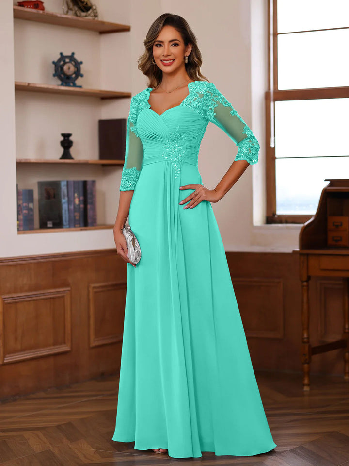 A-Line/Princess Sweetheart Neck 3/4 Length Sleeves Floor-Length Mother Of The Bride Dresses With Lace, Ruffles & Appliques