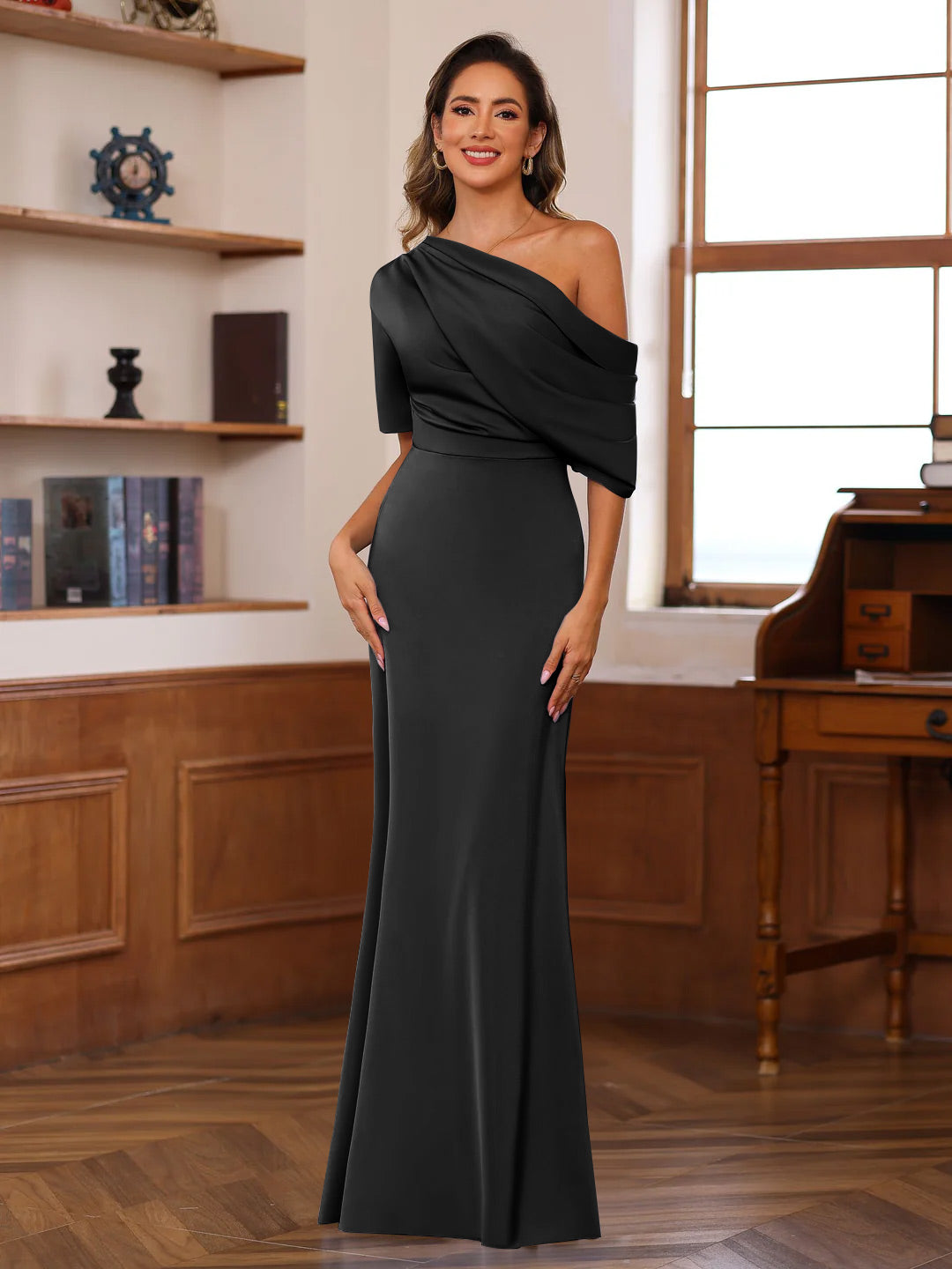 Sheath/Column One-Shoulder Half Sleeves Floor-Length Silk Satin Mother of the Bride Dresses with Ruffles