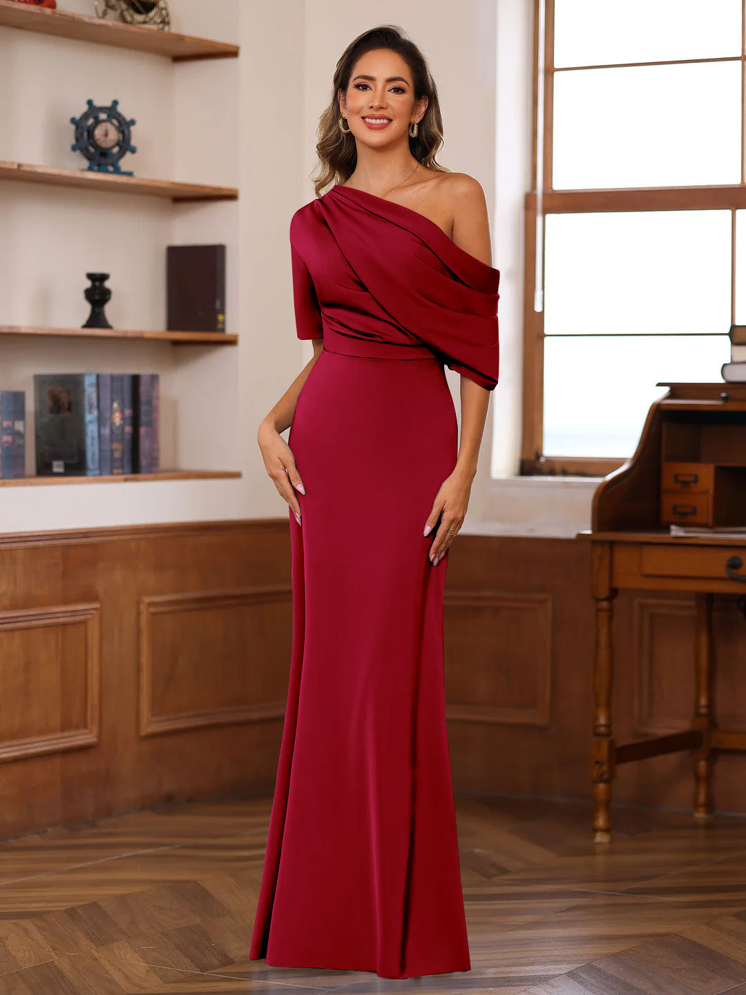Sheath/Column One-Shoulder Half Sleeves Floor-Length Silk Satin Mother of the Bride Dresses with Ruffles