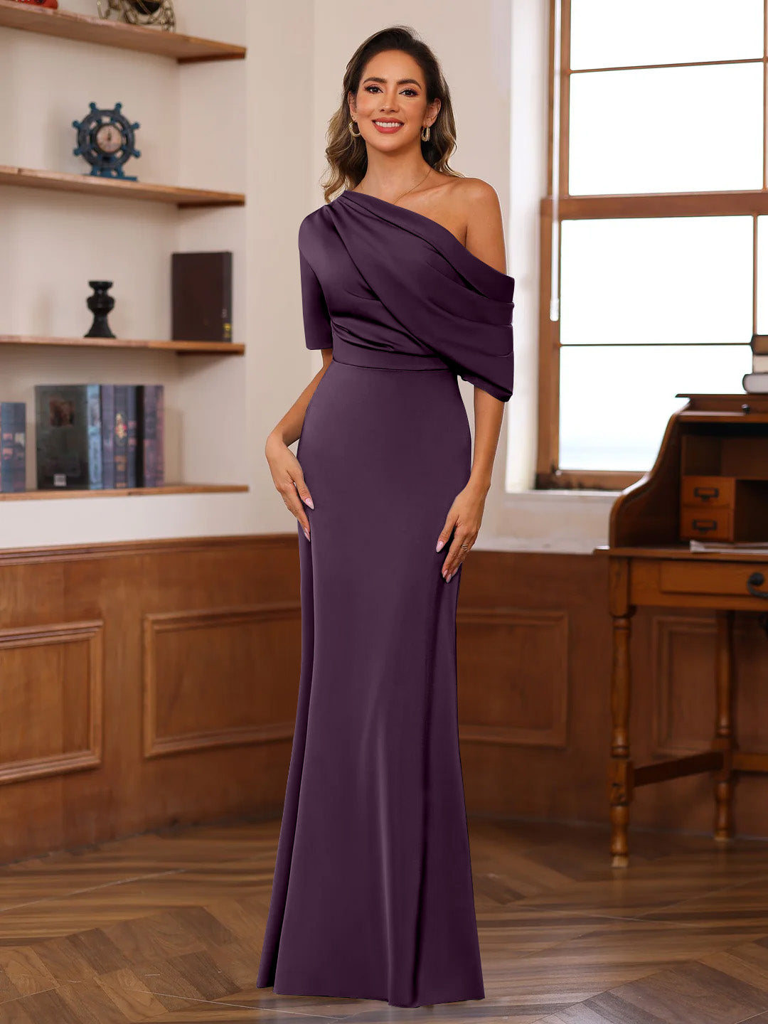 Sheath/Column One-Shoulder Half Sleeves Floor-Length Silk Satin Mother of the Bride Dresses with Ruffles