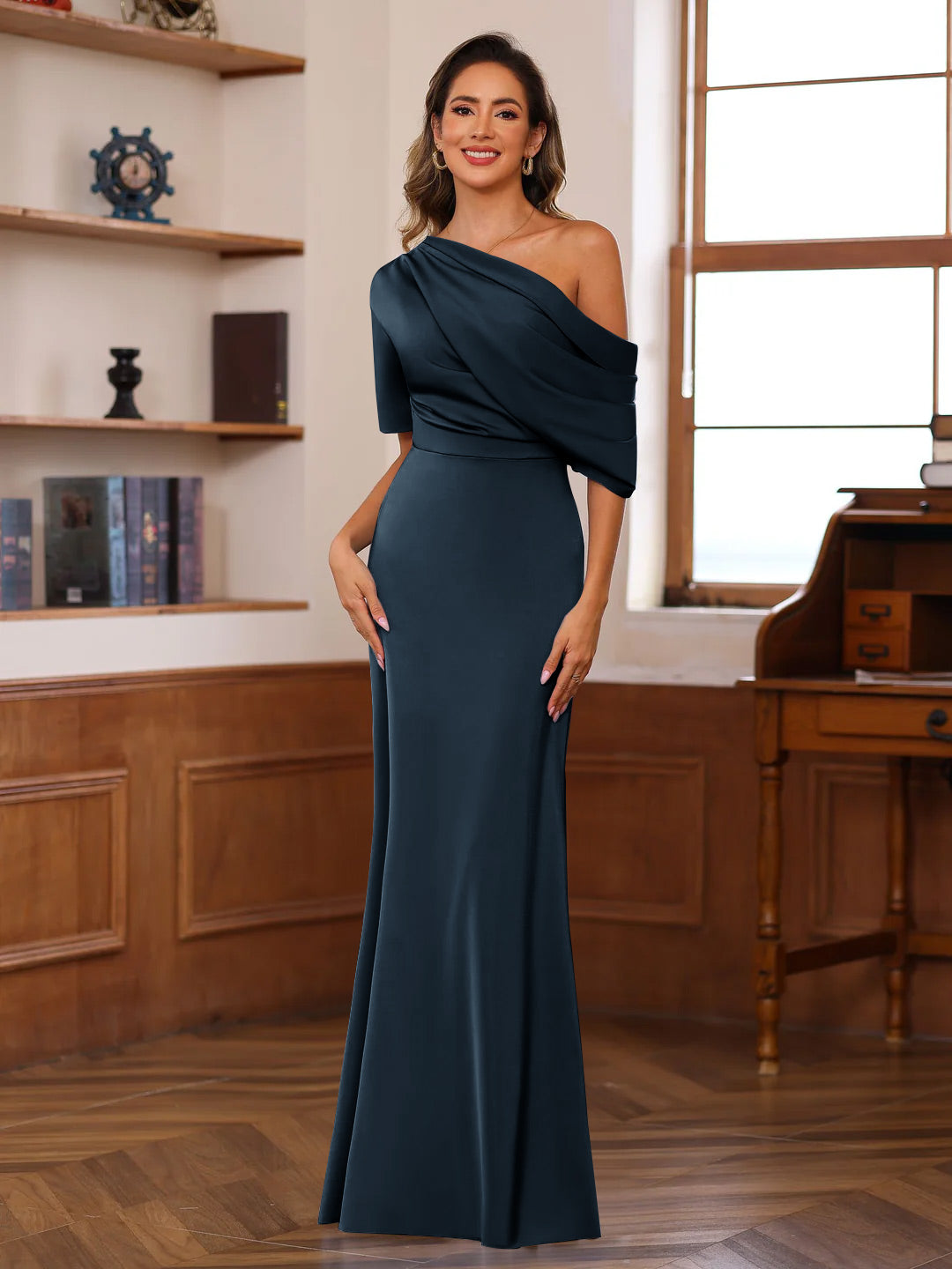Sheath/Column One-Shoulder Half Sleeves Floor-Length Silk Satin Mother of the Bride Dresses with Ruffles