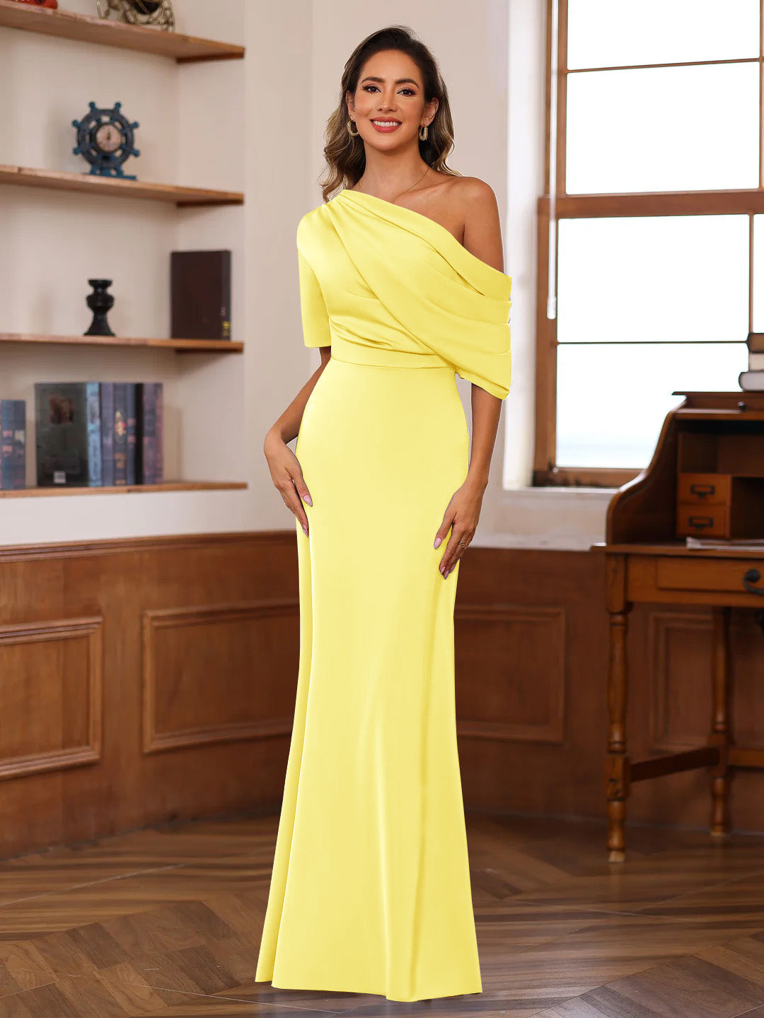 Sheath/Column One-Shoulder Half Sleeves Floor-Length Silk Satin Mother of the Bride Dresses with Ruffles