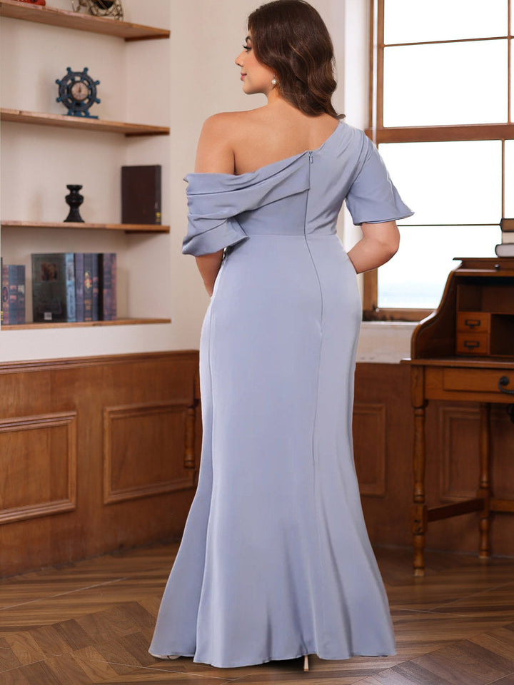 Sheath/Column One-Shoulder Half Sleeves Floor-Length Silk Satin Mother of the Bride Dresses with Ruffles