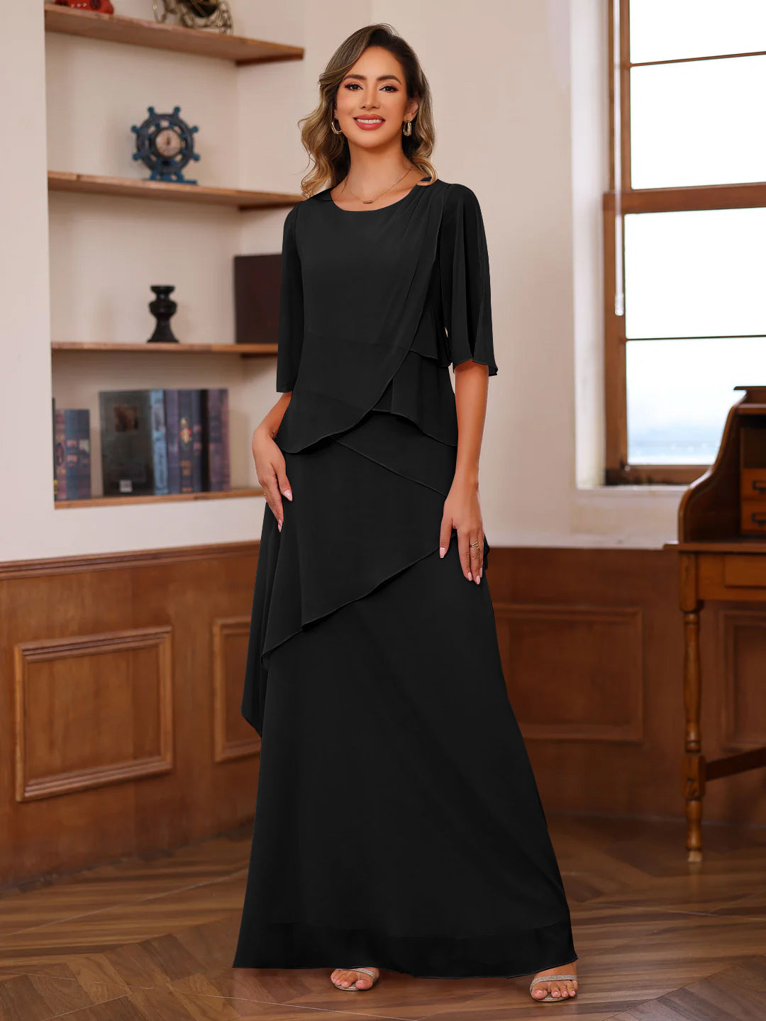 A-Line/Princess Scoop Neck Half Sleeves Floor-Length Mother of the Bride Dresses with Ruffles