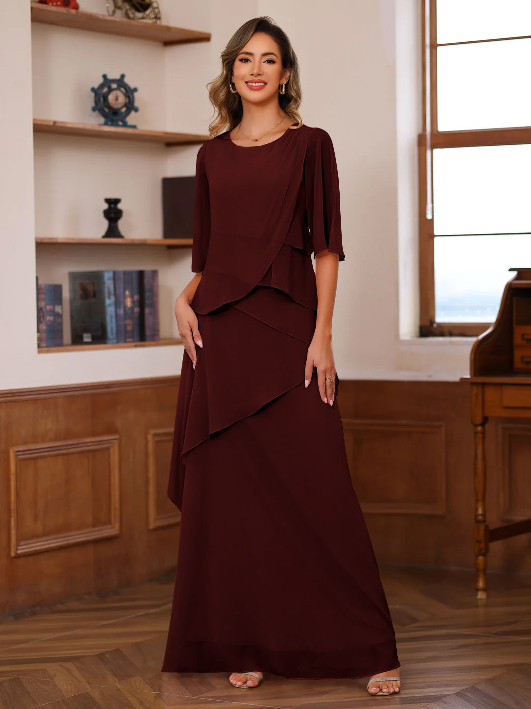 A-Line/Princess Scoop Neck Half Sleeves Floor-Length Mother of the Bride Dresses with Ruffles