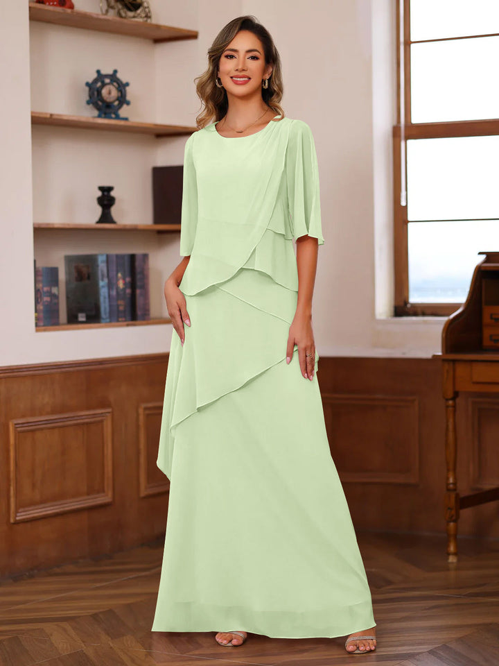 A-Line/Princess Scoop Neck Half Sleeves Floor-Length Mother of the Bride Dresses with Ruffles