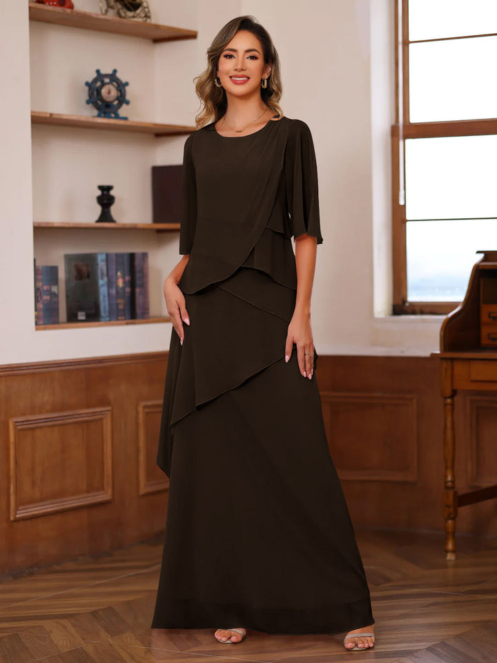 A-Line/Princess Scoop Neck Half Sleeves Floor-Length Mother of the Bride Dresses with Ruffles