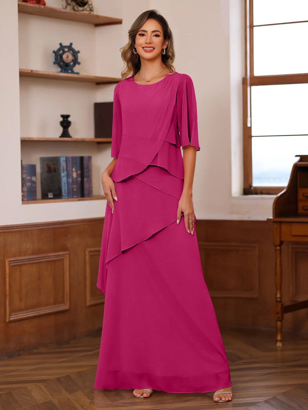 A-Line/Princess Scoop Neck Half Sleeves Floor-Length Mother of the Bride Dresses with Ruffles